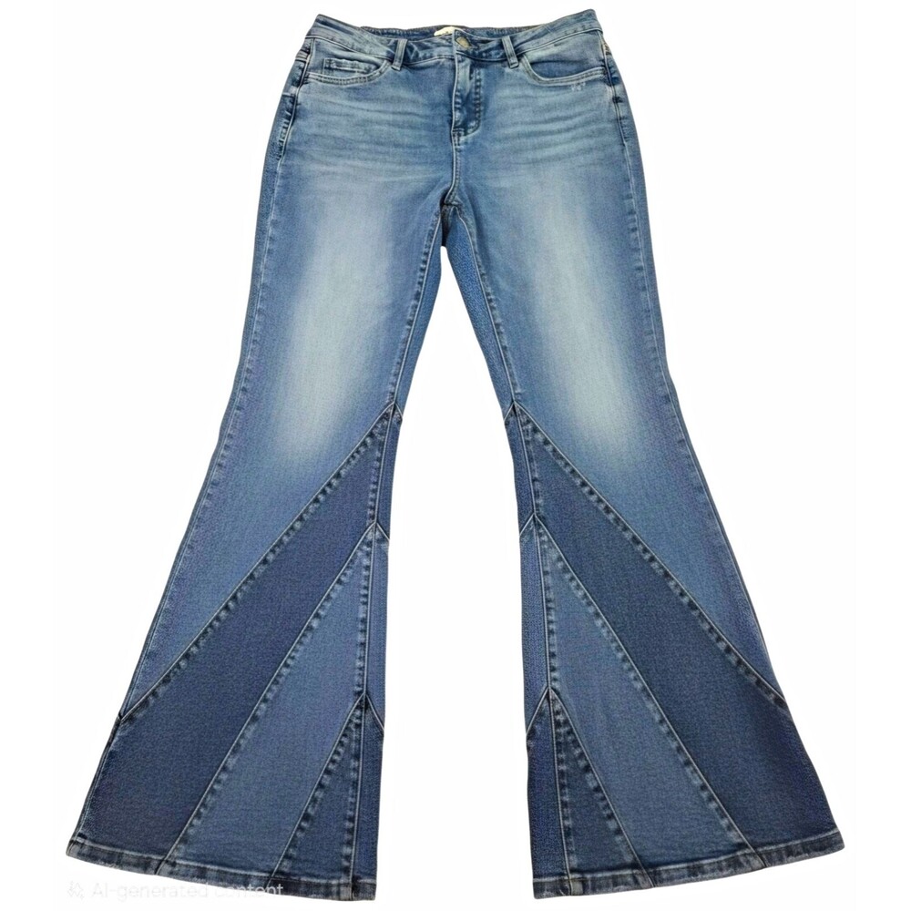 MoCo Boutique Women's Flared Jeans Blue Medium Wash Denim 5-Pocket Button Zip